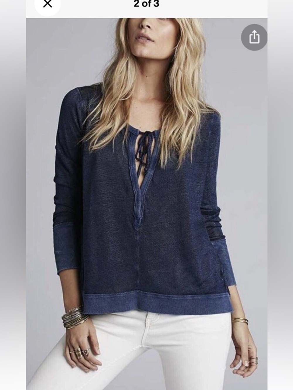 Free People We The Free Affogato Hacci Henley Top Indigo Linen Blend Raw Hem M - Picture 1 of 7